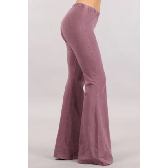 Dusty Rose Boho Mineral Wash Stretch Flared Bell Bottom Casual Pants - Picture 4 of 6